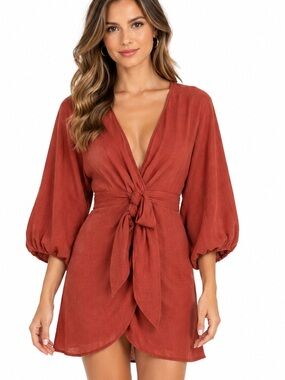 Anthropologie Rust Tie-Front Long Sleeve Dress